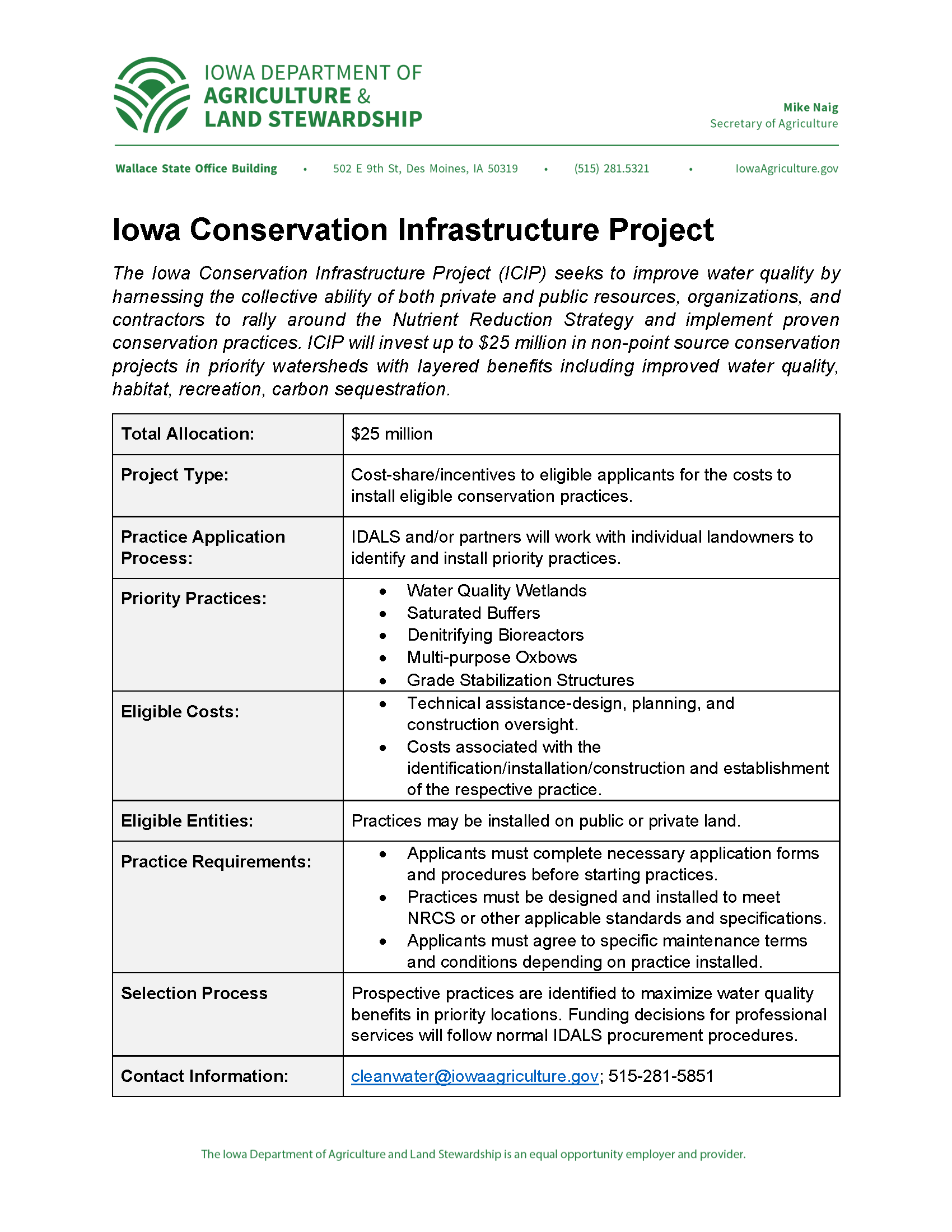 Iowa Conservation Infrastructure Project Iowa Department of
